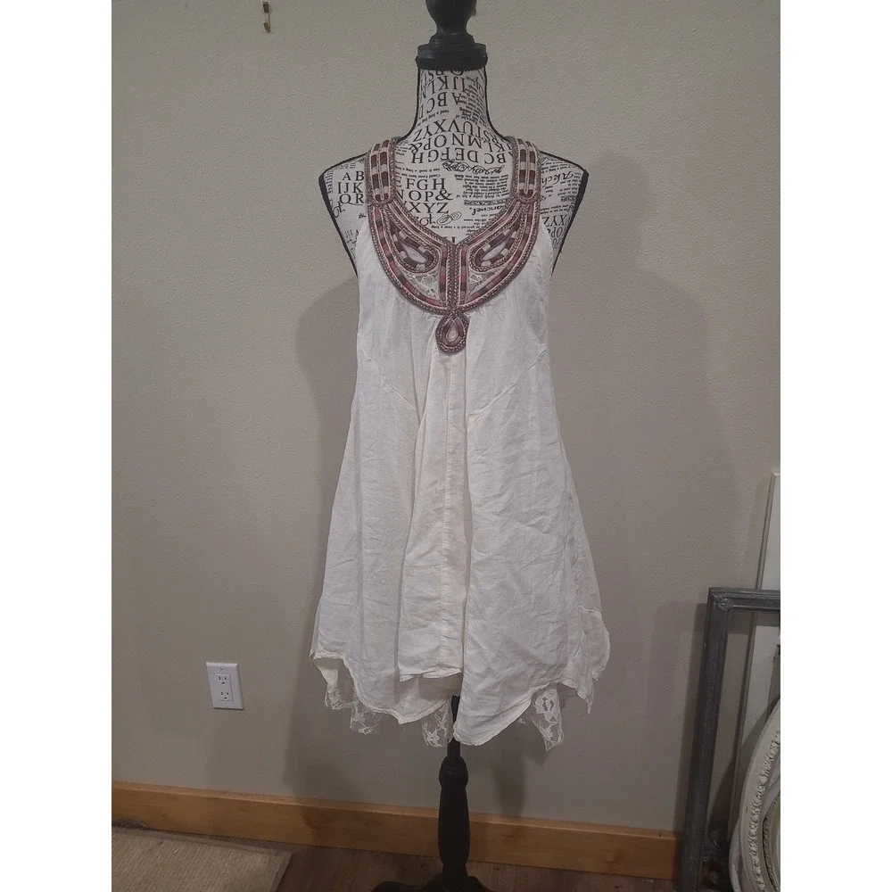 Free People Boho festival women SZ S flowy Cream Mini Dress Lace lining detail